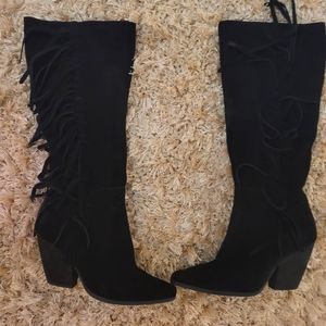 Rare black suede fringed knee high sexy af boots